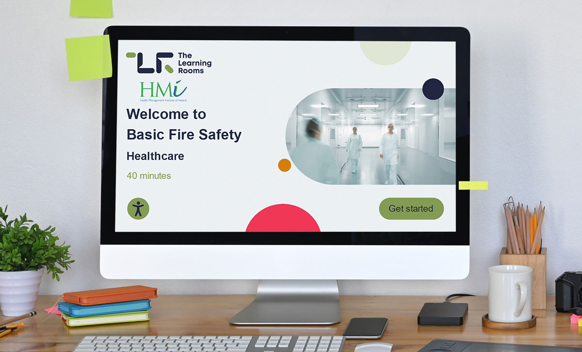 Screenshot showing the title slide of Basic Fire Safety Healthcare online course. Screenshot showing the title slide of Basic Fire Safety Healthcare online course.