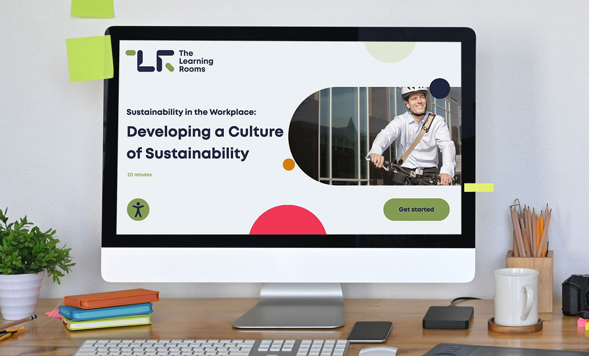 Screenshot showing the title slide of Sustainability in the Workplace: Developing a Culture of Sustainability online course. Screenshot showing the title slide of Sustainability in the Workplace: Developing a Culture of Sustainability online course.