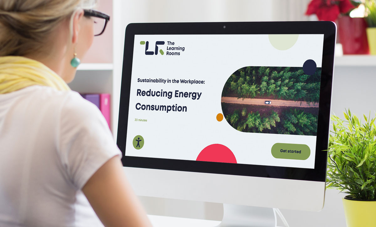 Screenshot showing the title slide of Sustainability in the Workplace: Reducing Energy Consumption online course Screenshot showing the title slide of Sustainability in the Workplace: Reducing Energy Consumption online course