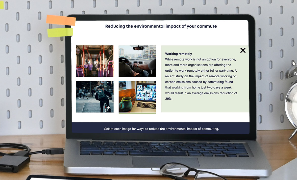 Screenshot showing "Reducing the environmental impact of your commute" slide Screenshot showing "Reducing the environmental impact of your commute" slide
