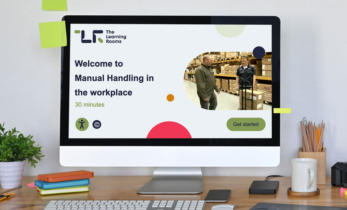 Screenshot showing the title slide of Manual Handling in the Workplace online course. Screenshot showing the title slide of Manual Handling in the Workplace online course.