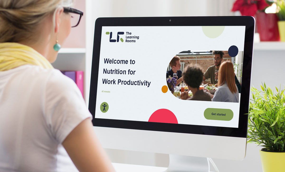 Screenshot showing the title slide of Nutrition for work productivity online course. Screenshot showing the title slide of Nutrition for work productivity online course.