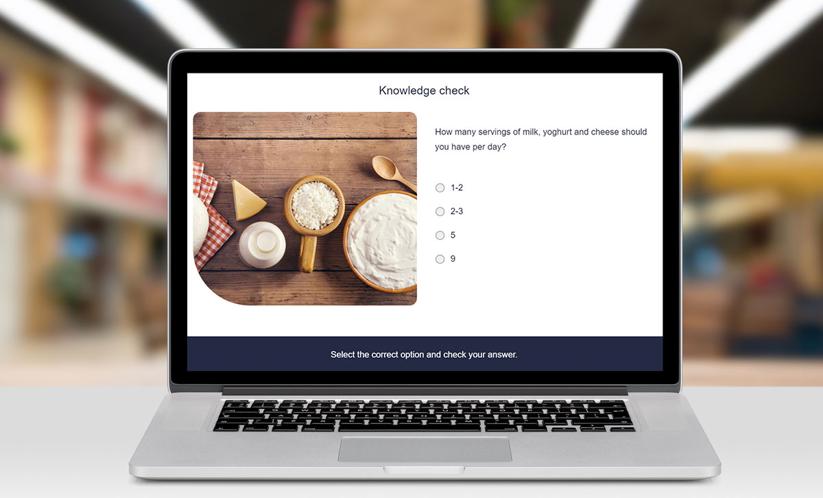 Screenshot showing knowledge check slide from nutrition eLearning course. Screenshot showing knowledge check slide from nutrition eLearning course.