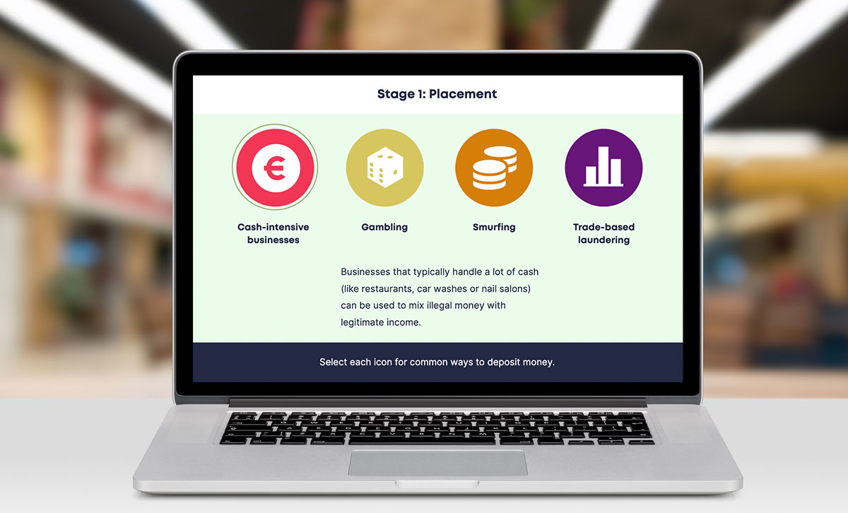 Screenshot showing Stage 1: Placement slide from An Introduction to Anti-Money Laundering online course. Screenshot showing Stage 1: Placement slide from An Introduction to Anti-Money Laundering online course.