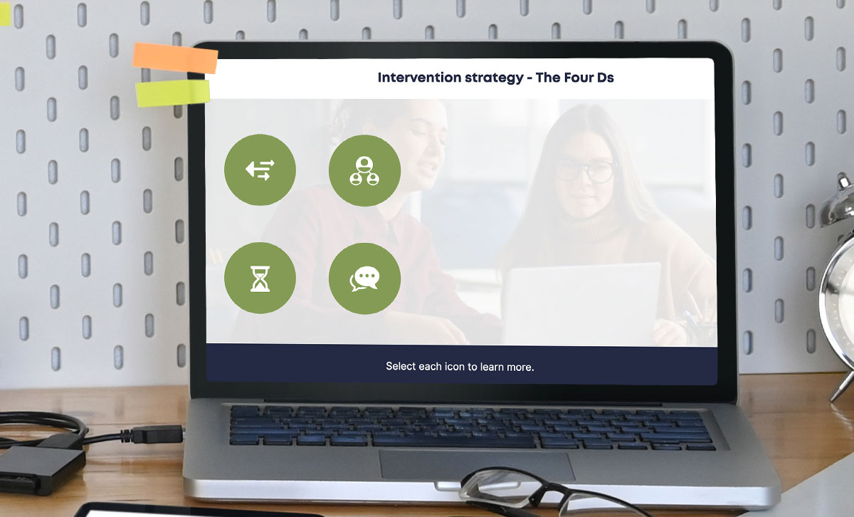 Screenshot showing Intervention strategy - The Four Ds slide from Being an Active Bystander at Work online course. Screenshot showing Intervention strategy - The Four Ds slide from Being an Active Bystander at Work online course.