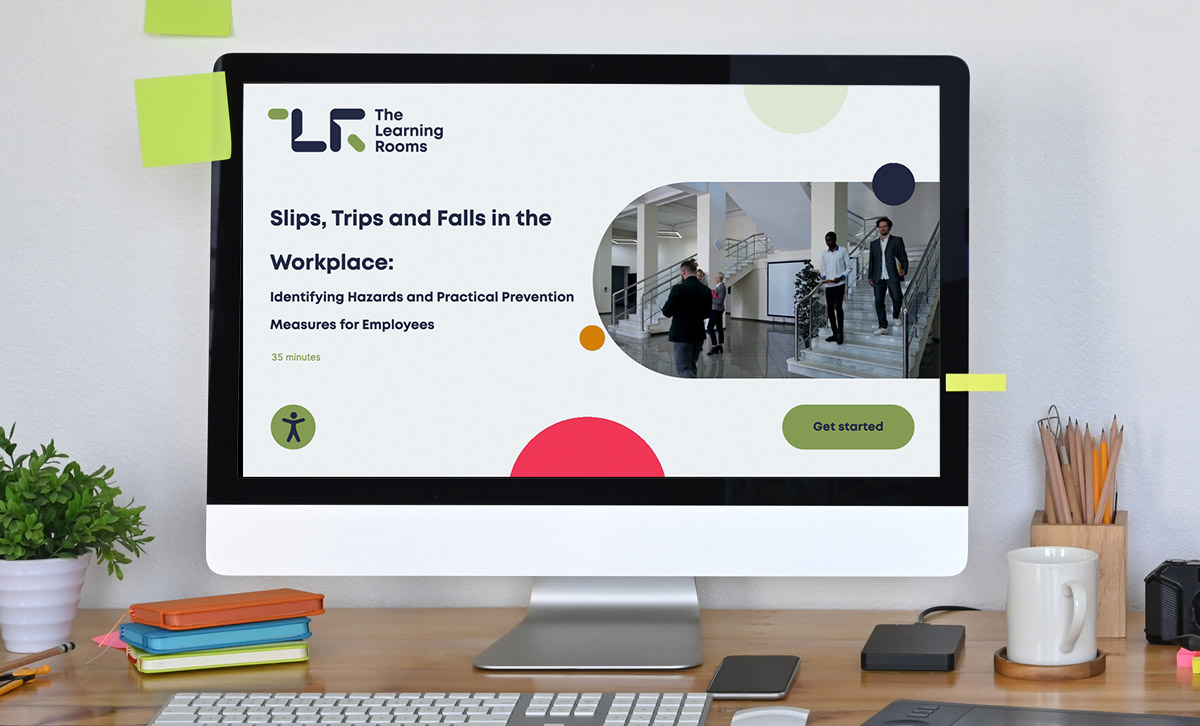 Screenshot showing the title slide of Slips, Trips and Falls online course. Screenshot showing the title slide of Slips, Trips and Falls online course.