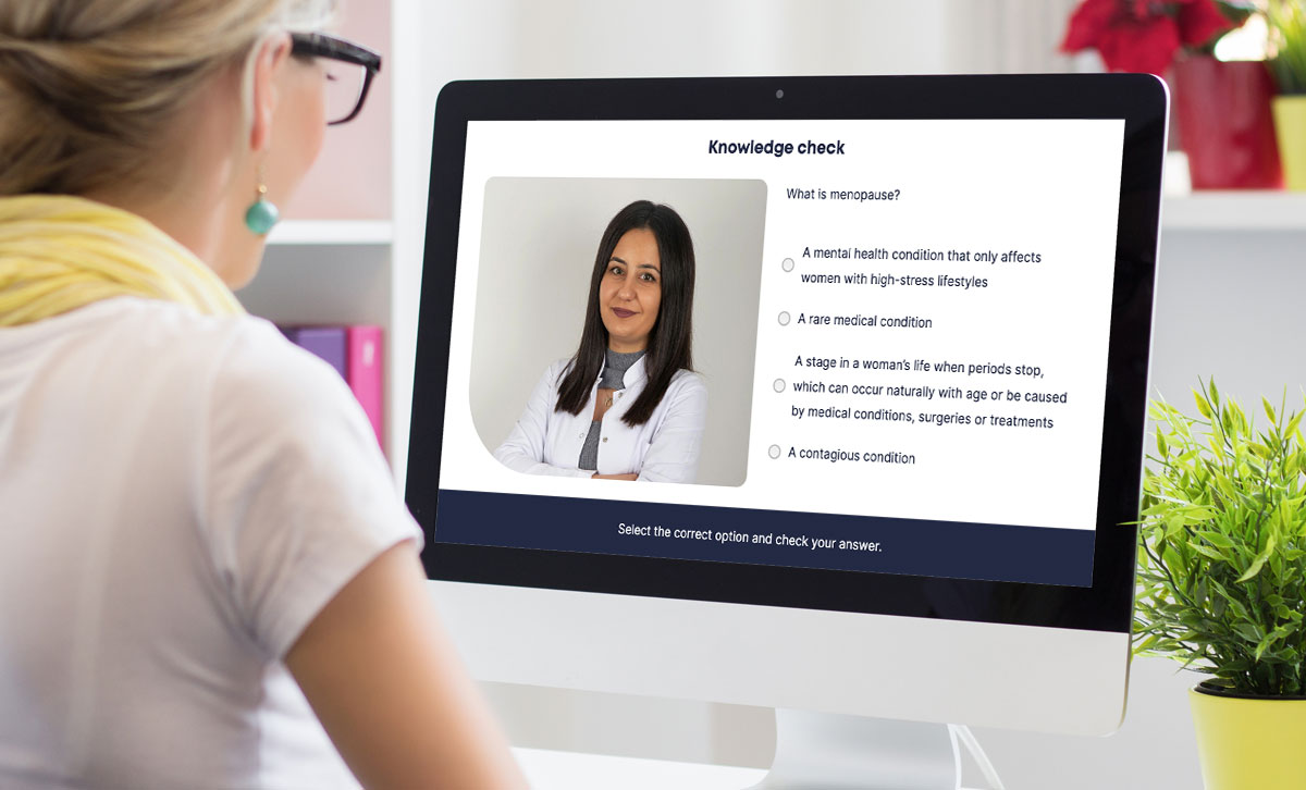 Screenshot showing knowledge check slide in Supporting Women Experiencing Menopause in the Workplace online course. Screenshot showing knowledge check slide in Supporting Women Experiencing Menopause in the Workplace online course.