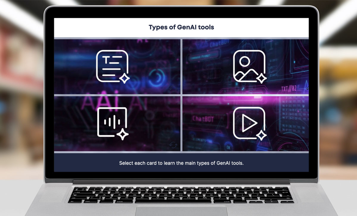 Screenshot of GenAI Esentials eLearning course, types of GenAI Tools slide.