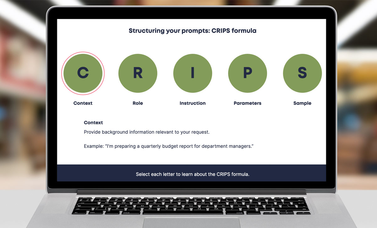 Screenshot of GenAI Esentials eLearning course, structuring your prompts using CRIPS formula slide.