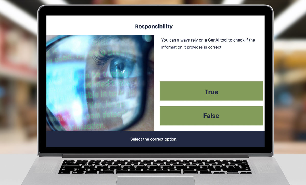 Screenshot of GenAI Esentials eLearning course, responsibility question slide.