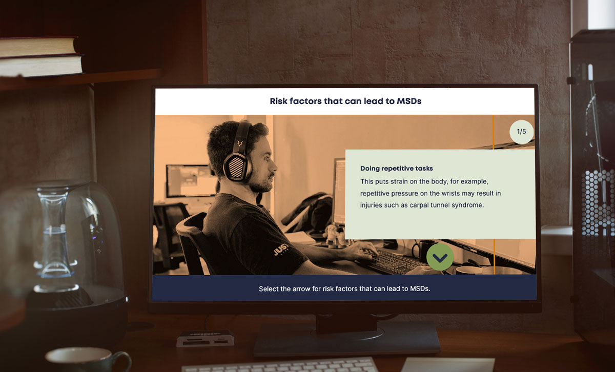 Screenshot of Workstation Ergonomics eLearning course, risk factors that can lead to MSDs slide