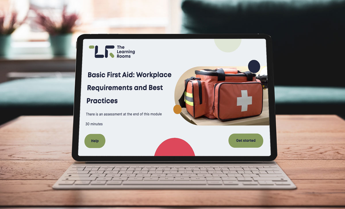 Screenshot of Basic First Aid eLearning course title slide. Screenshot of Basic First Aid eLearning course title slide.