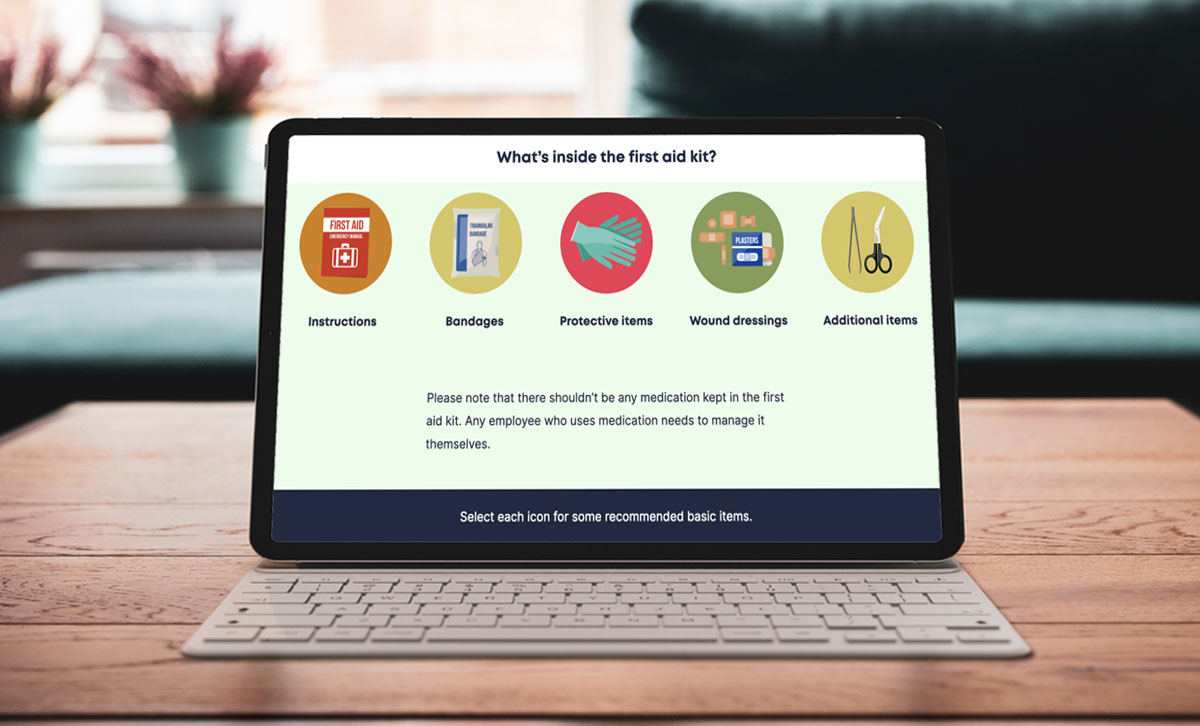Screenshot of Basic First Aid eLearning course, what's inside the first aid kit slide