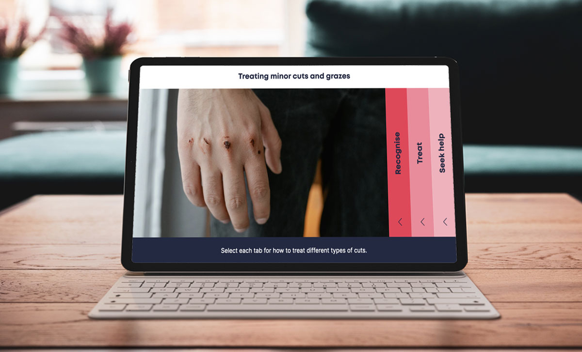 Screenshot of Basic First Aid eLearning course, treating minor cuts and grazes slide
