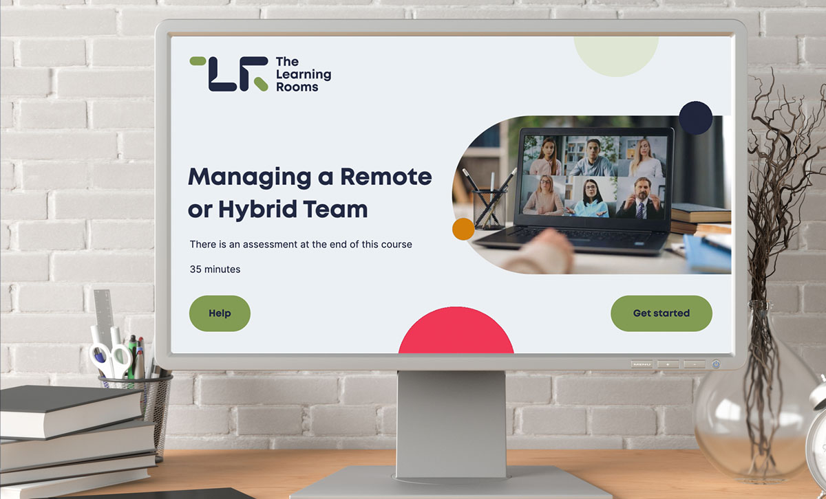 Screenshot of Managing a Remote or Hybrid Team eLearning course title slide Screenshot of Managing a Remote or Hybrid Team eLearning course title slide