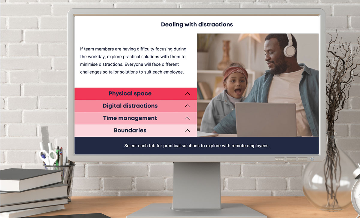 Screenshot of Managing a Remote or Hybrid Team eLearning course dealing with distractions slide Screenshot of Managing a Remote or Hybrid Team eLearning course dealing with distractions slide