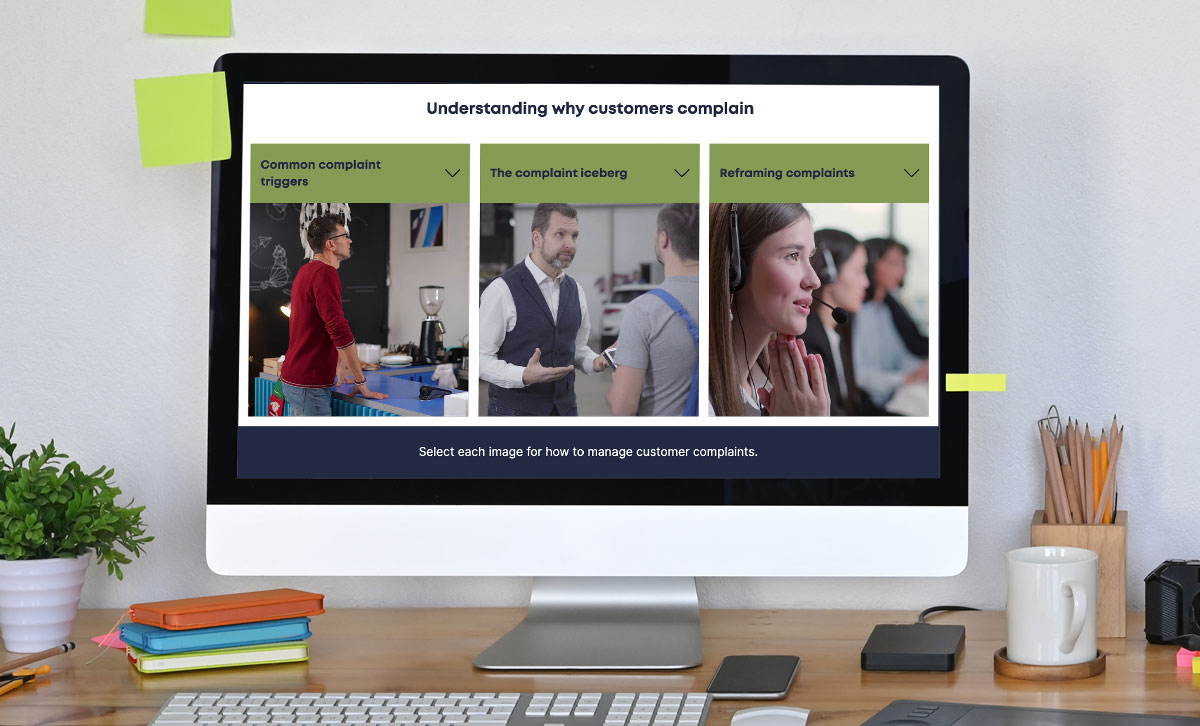 Screenshot showing understanding why customers complain slide from Customer Service online course. Screenshot showing understanding why customers complain slide from Customer Service online course.