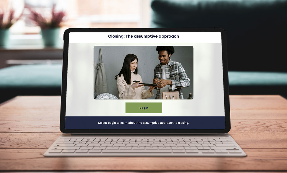 Screenshot showing Closing: The assumptive approach slide from Selling Skills online course.