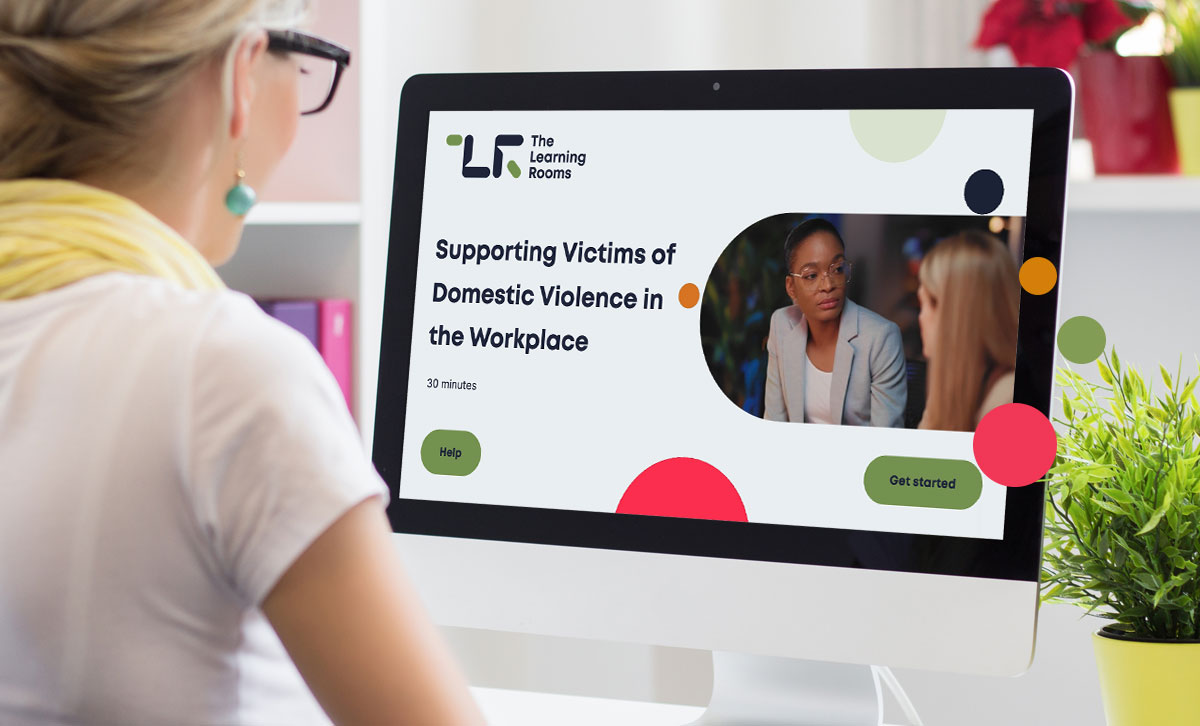 Screenshot showing the title slide of Supporting Victims of Domestic Violence in the Workplace online course.