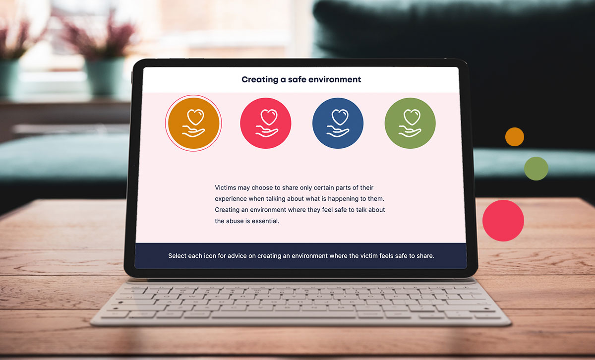 Screenshot showing Creating a safe environment slide from Supporting Victims of Domestic Violence in the Workplace online course.
