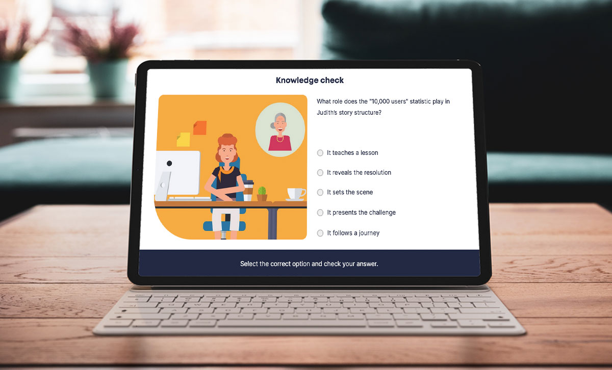 Screenshot showing knowledge check slide from Corporate Storytelling online course.