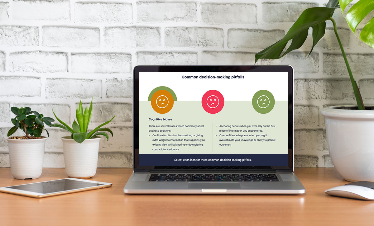Screenshot showing Common decision-making pitfalls slide from Effective Decision-Making online course. Screenshot showing Common decision-making pitfalls slide from Effective Decision-Making online course.