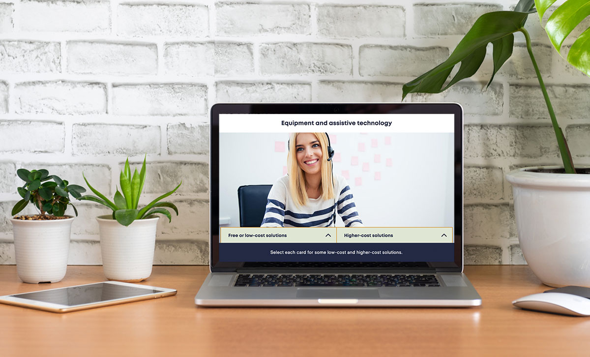 Screenshot showing Equipment and assistive technology slide from Providing Workplace Accommodation online course.