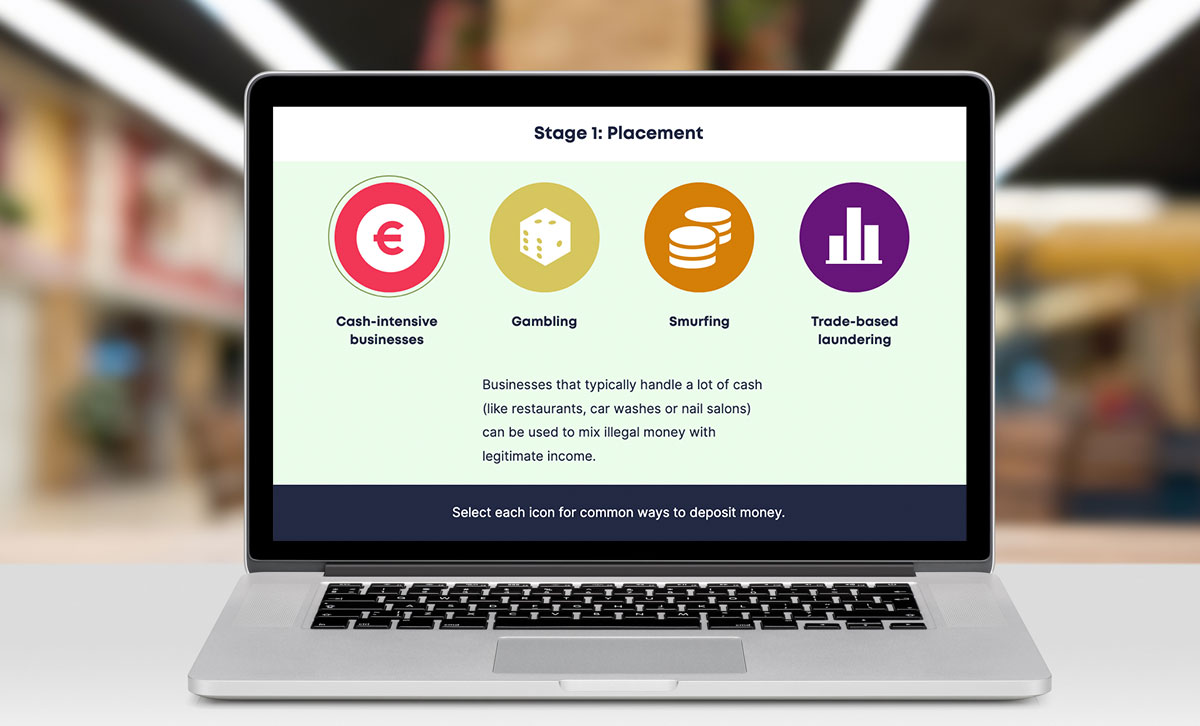 Screenshot showing Stage 1: Placement slide from An Introduction to Anti-Money Laundering online course.