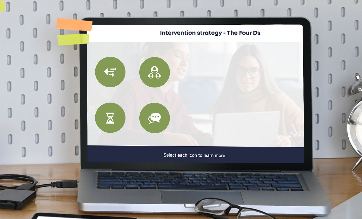 Screenshot showing Intervention strategy - The Four Ds slide from Being an Active Bystander at Work online course.