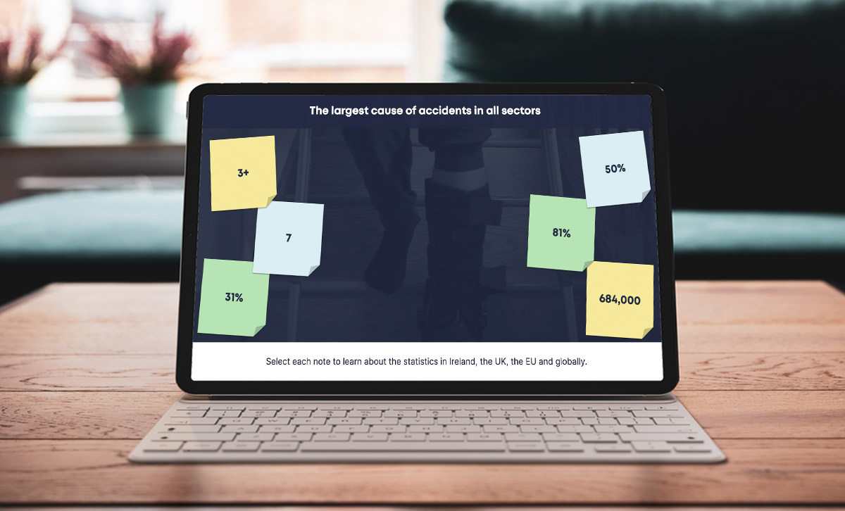 Screenshot showing The largest cause of accidents in all sectors slide from Slips, Trips and Falls online course.